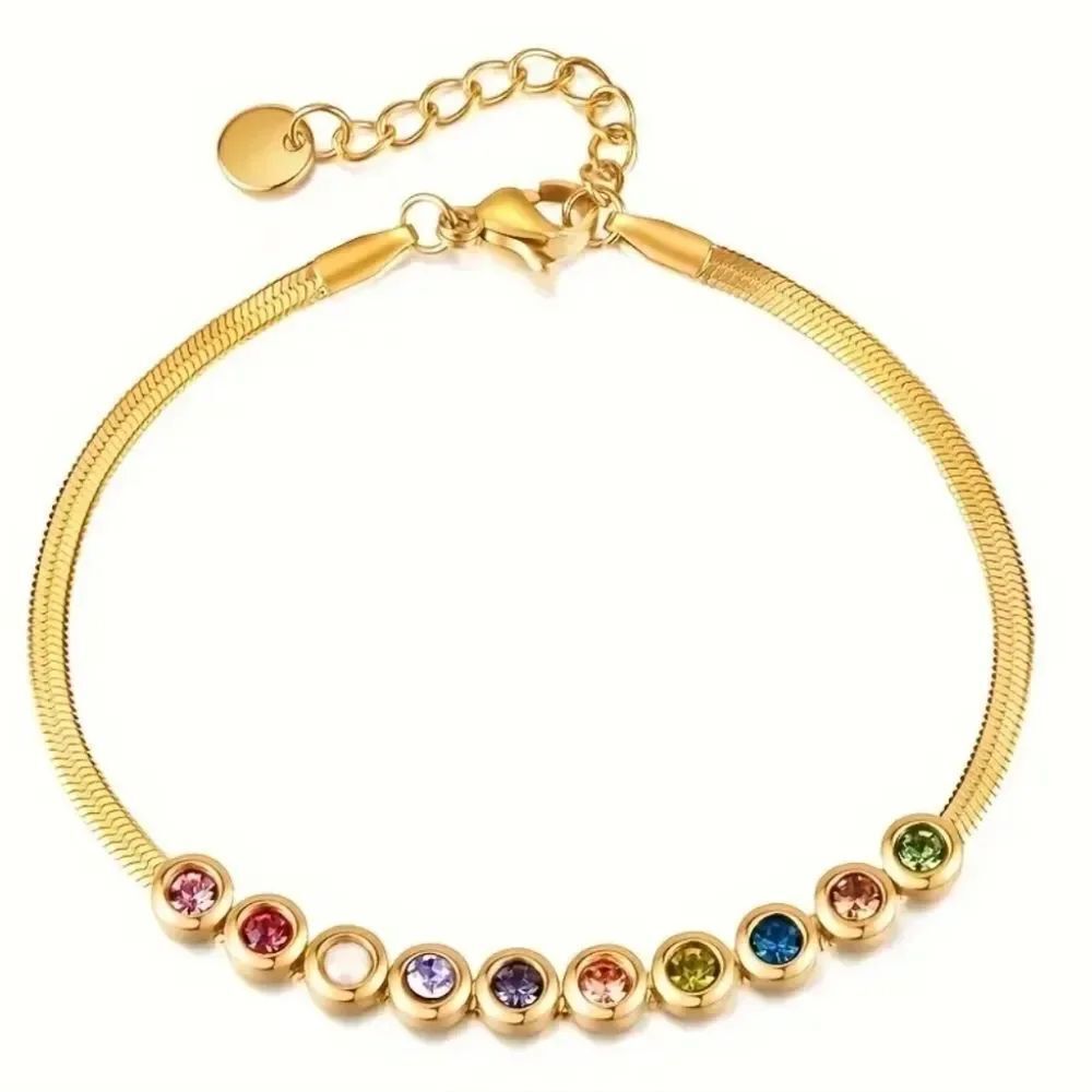 Titanium Steel Gold Multi Colored Rhinestone Bracelet - Picture 2 of 5